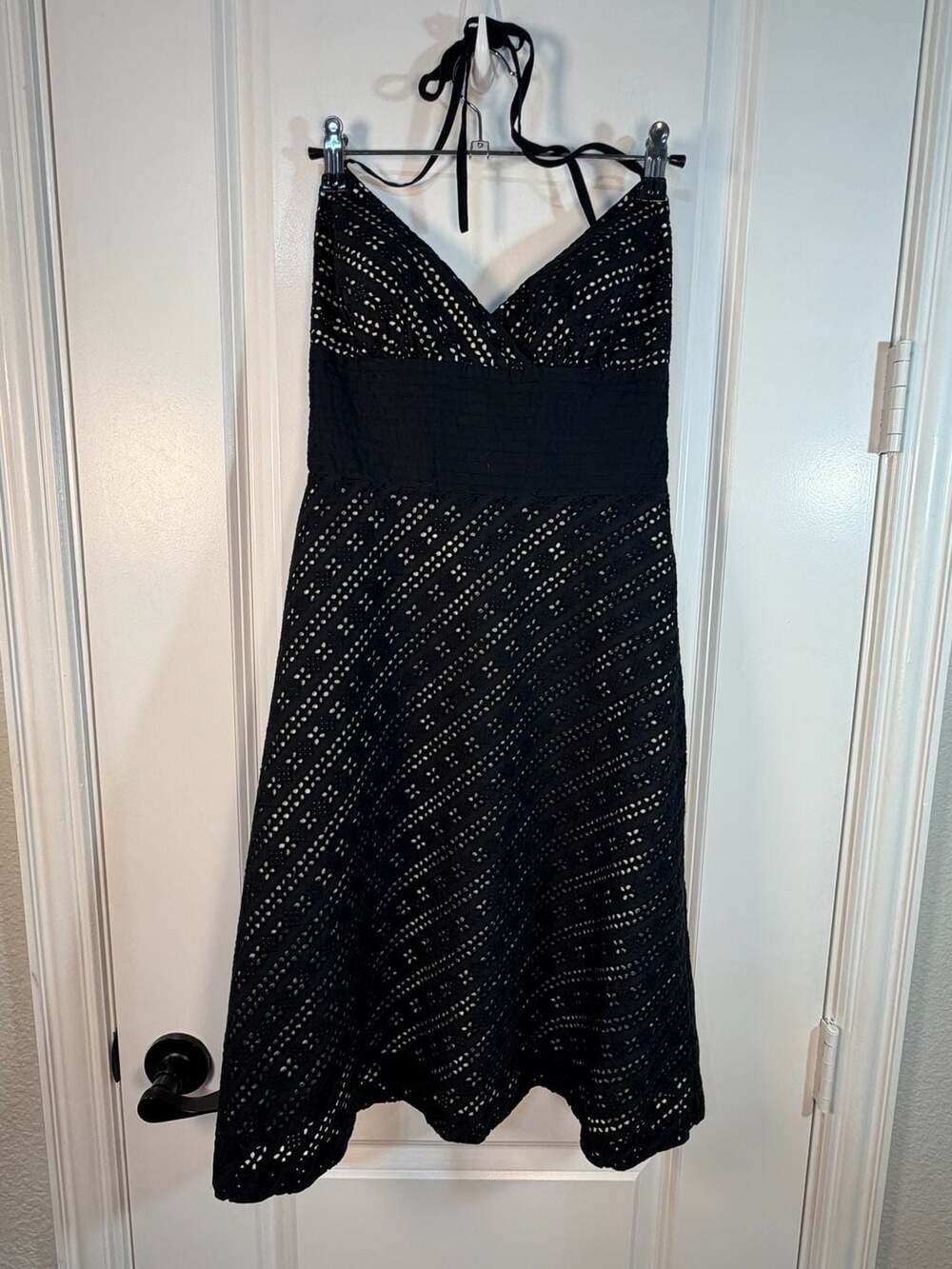 White House Black Market Black Eyelet Halter Dress Size 0